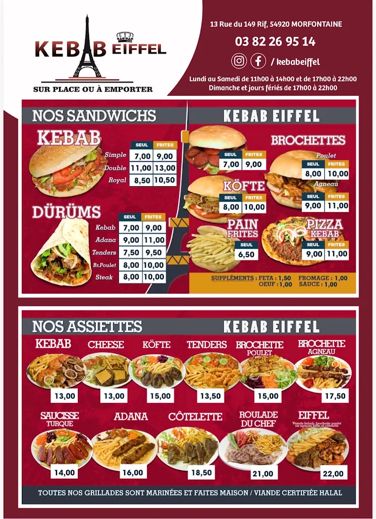 Carte page 1 : sandwichs (kebab, dürüms, brochettes, köfte, pain frites, pizza kebab) et assiettes