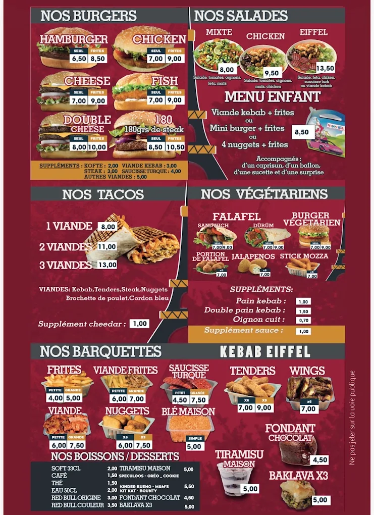 Carte page 2 : burgers, salades, menu enfant, tacos, végétariens, barquettes, boissons et desserts